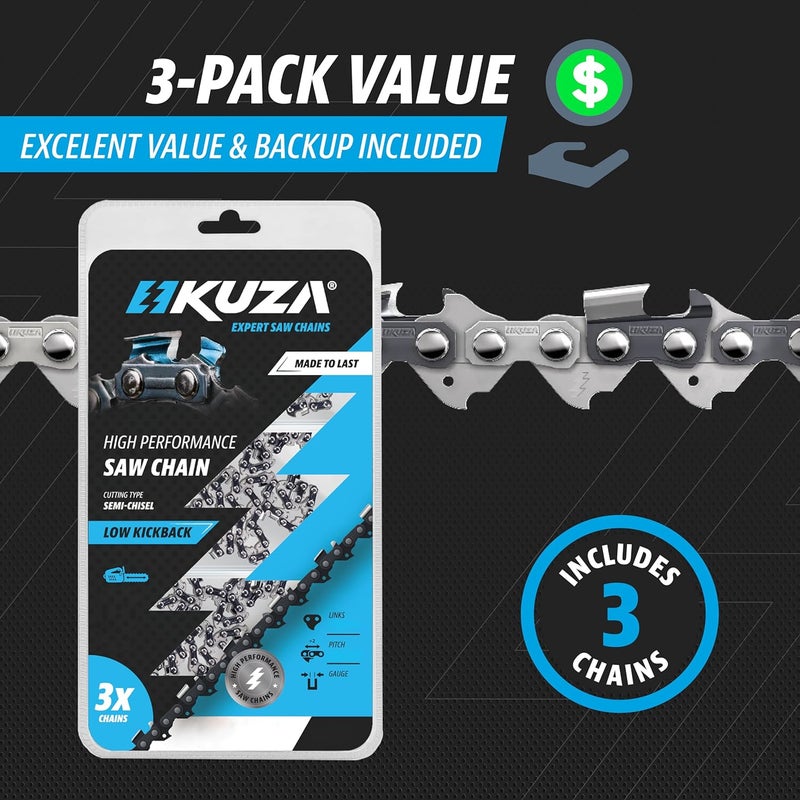 Kuza Premium Chainsaw Chain 12 Inch 3/8" LP Pitch .043" Gauge 44 Drive Links- 61PMM3 44 Fits STIHL HT101, ECHO PPF-210/225/265/280/2620, PPT-260/266-36100050044, 90PX44CQ and more (3 Chains) - Image 3